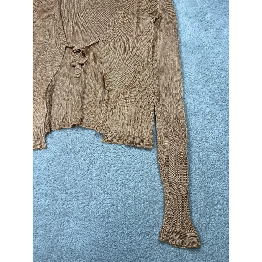 Free People Ribbed Tie Front Cardigan Tan Gold Metallic Knit Top XS